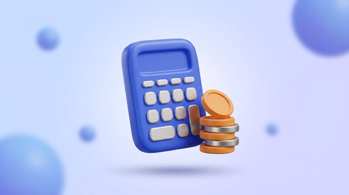 A 3D calculator beside a tipping stack of orange coins, representing the cost of a failed hire