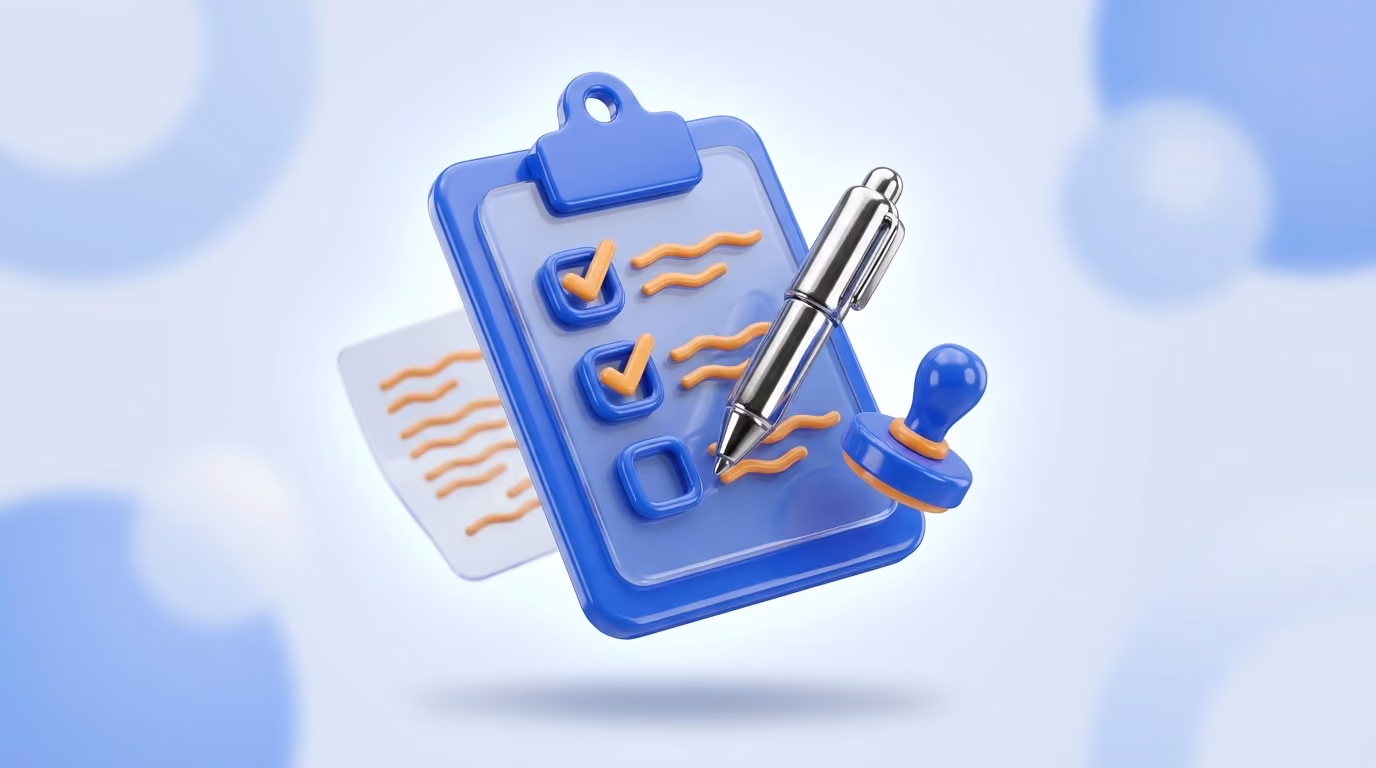 A 3D clipboard with orange checkmarks and a pen, representing a driver employment application