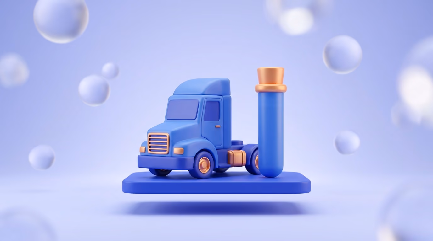 A 3D specimen collection cup beside a truck, representing owner-operator drug and alcohol testing